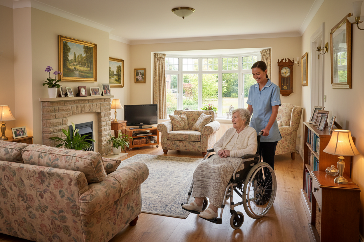 another residential care home but make it more like a house in a residential neighborhood. with an aide pushing someone in a wheelchair inside